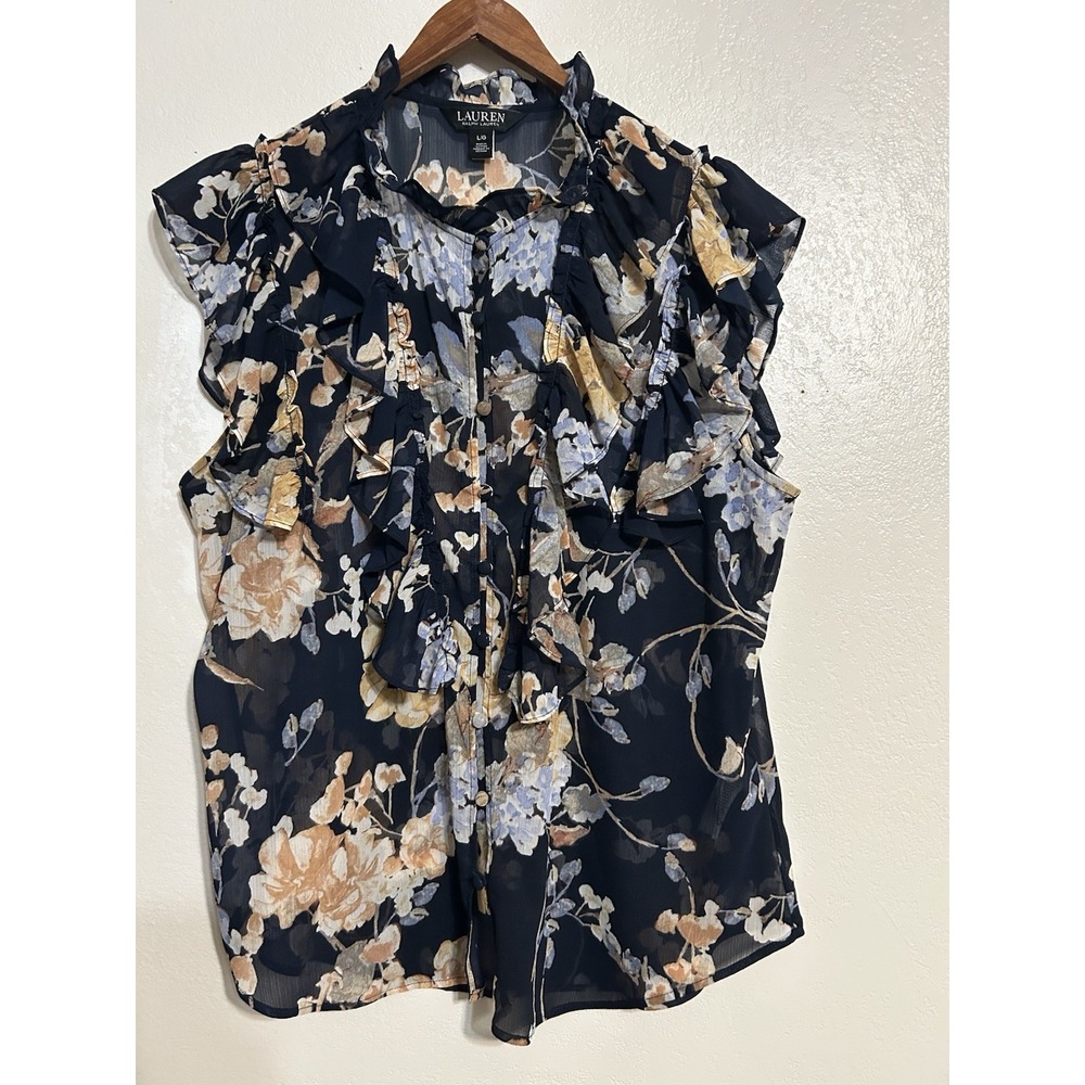 Lauren Ralph Lauren Black Label Floral Georgette Ruffle Blouse Large Blue Brown
